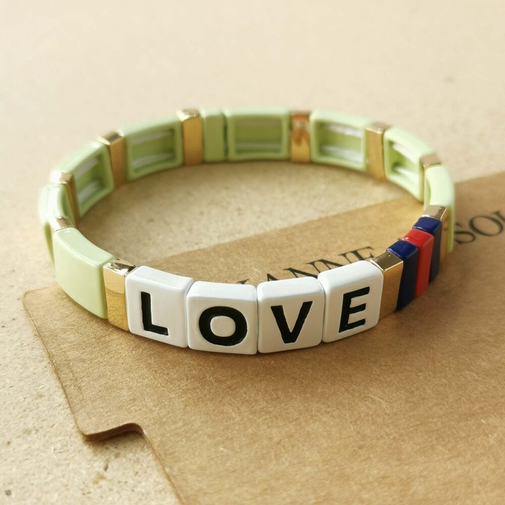 NEW Roxanne Assoulin Gold Light Green Just Say Love Enamel Stretch Bracelet